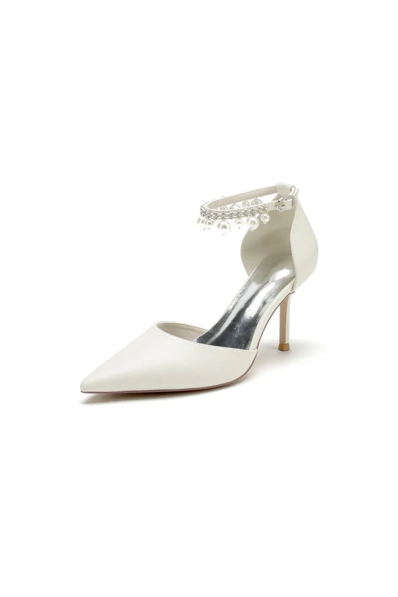Satin Pointed Toe Pearl Beaded Ankle Strap Simple Wedding Shoes