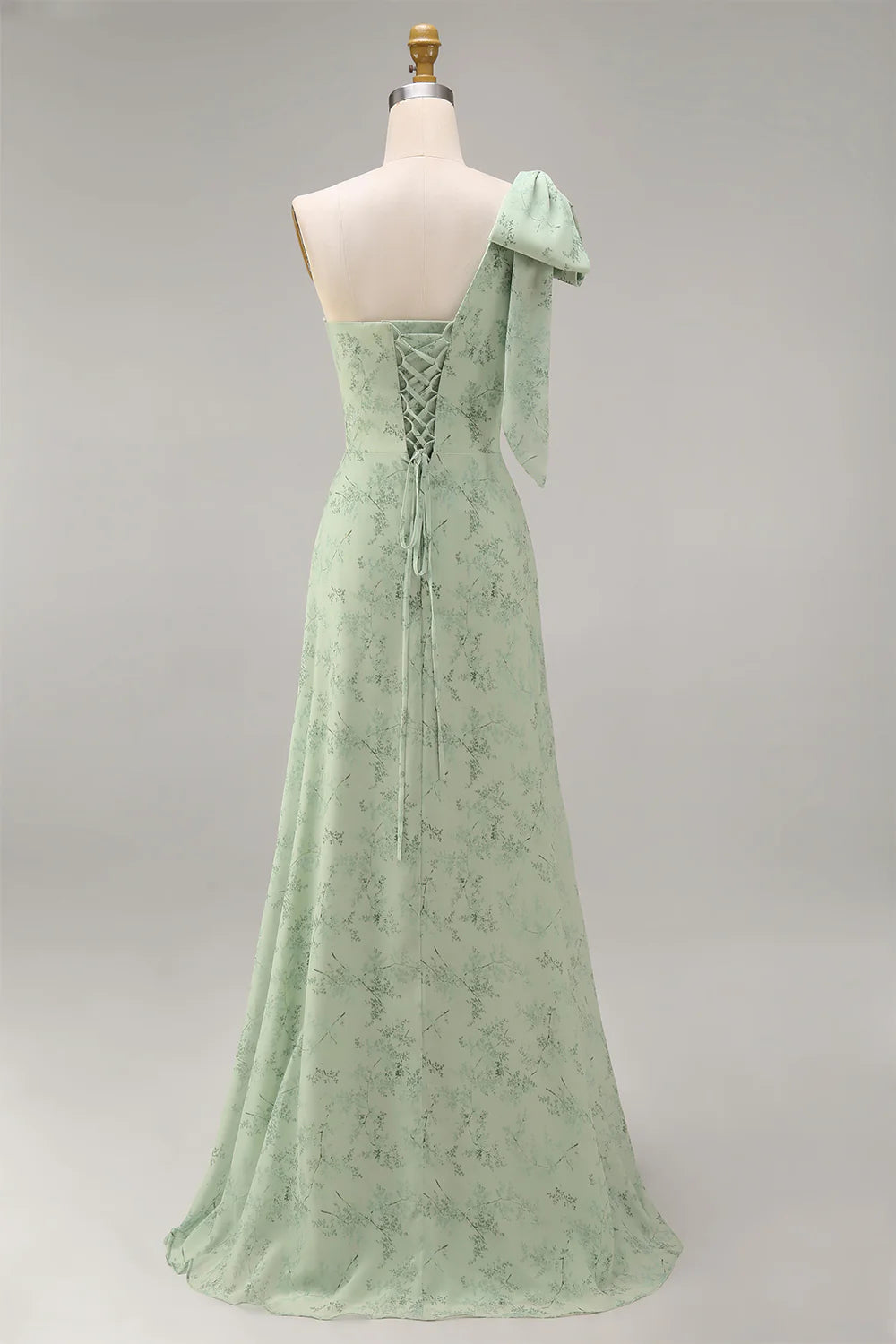 One Shoulder Dusty Sage Floral A Line Long Bridesmaid Dress