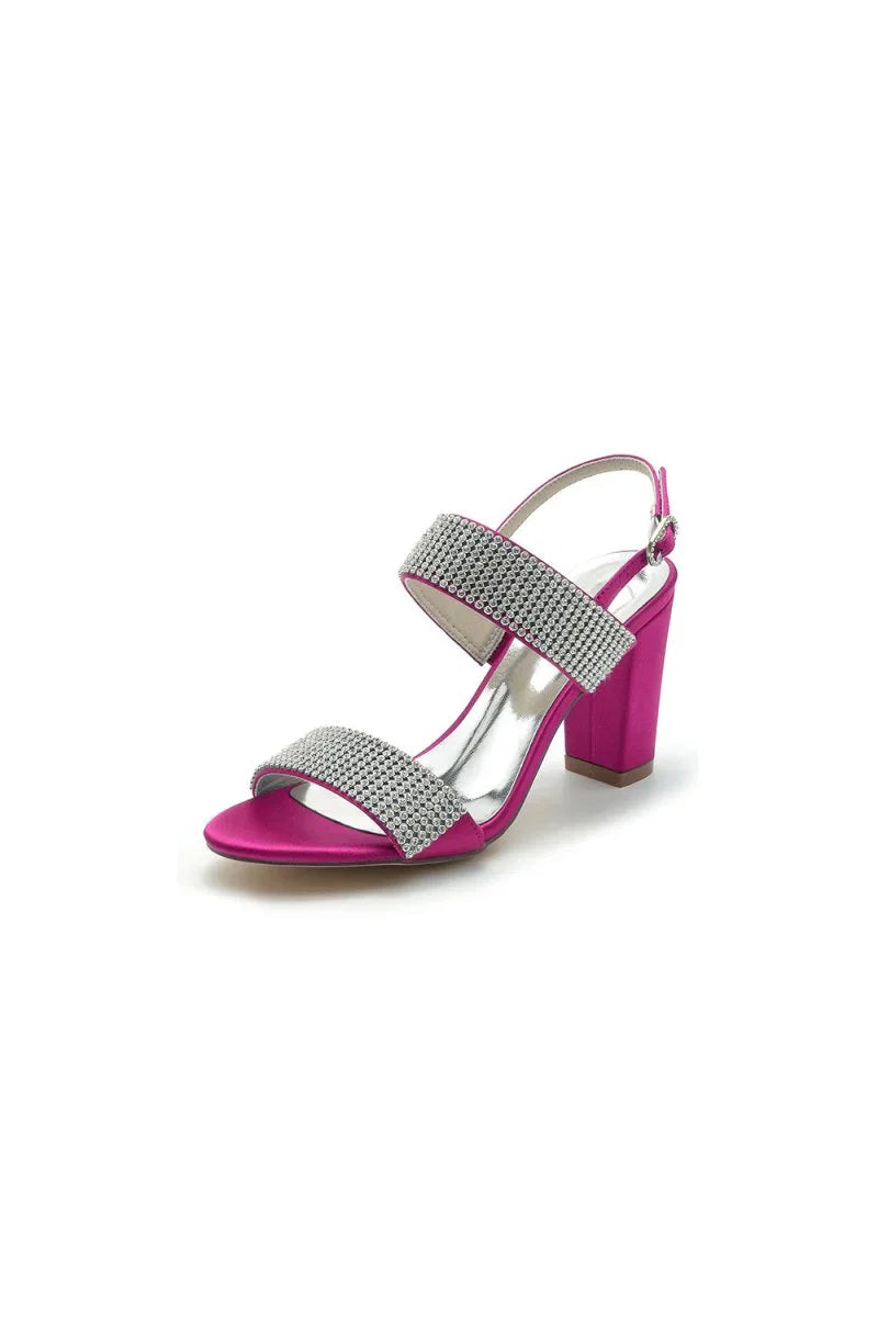 Open Toe Beaded Buckle Satin Chunky Heels