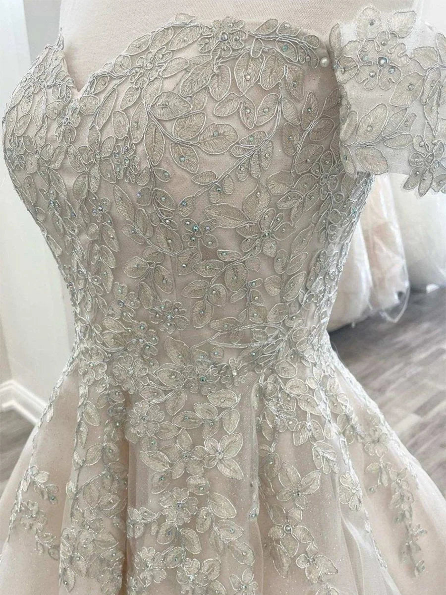 Lace White Appliques A Line Short Wedding Dress