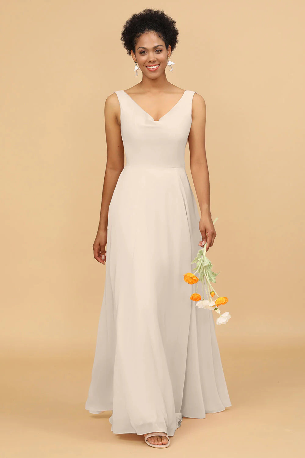 A Line V Neck Backless Chiffon Long Bridesmaid Dress