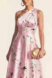 One Shoulder Ruched A Line Pink Printed Wedding Guest Dress