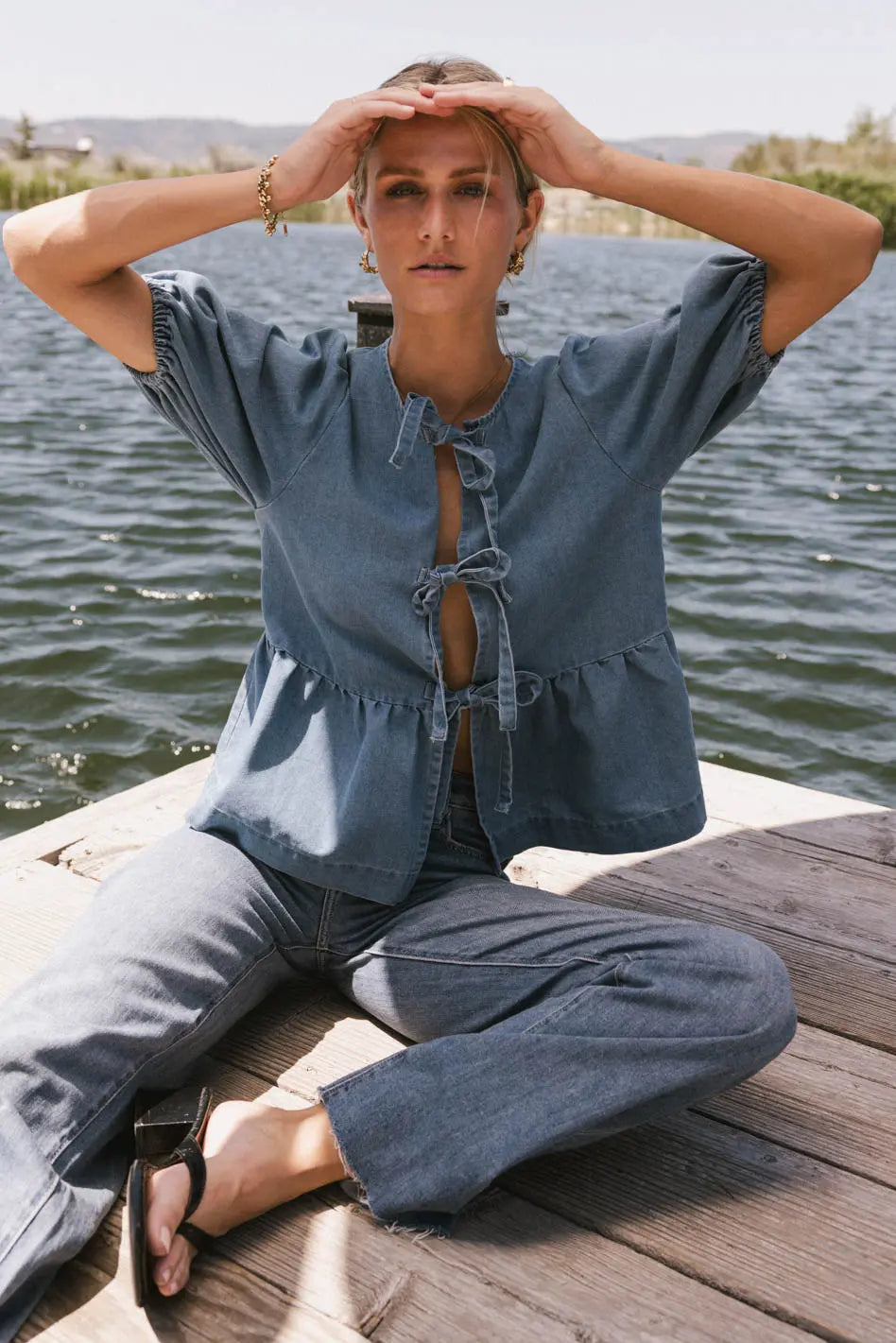Natalia Peplum Tie Blouse in Light Wash FINAL SALE