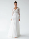Romantic Modern A Line Floor length Chiffon Lace V neck Long Sleeve Wedding Dress