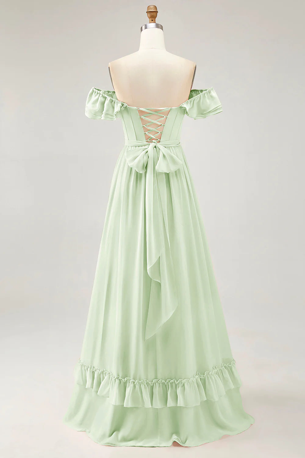 Dusty Sage A line Off The Shoulder Chiffon Long Bridesmaid Dress with Slit