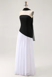 White Black Strapless Sheath Convertible Maxi Dress with Slit