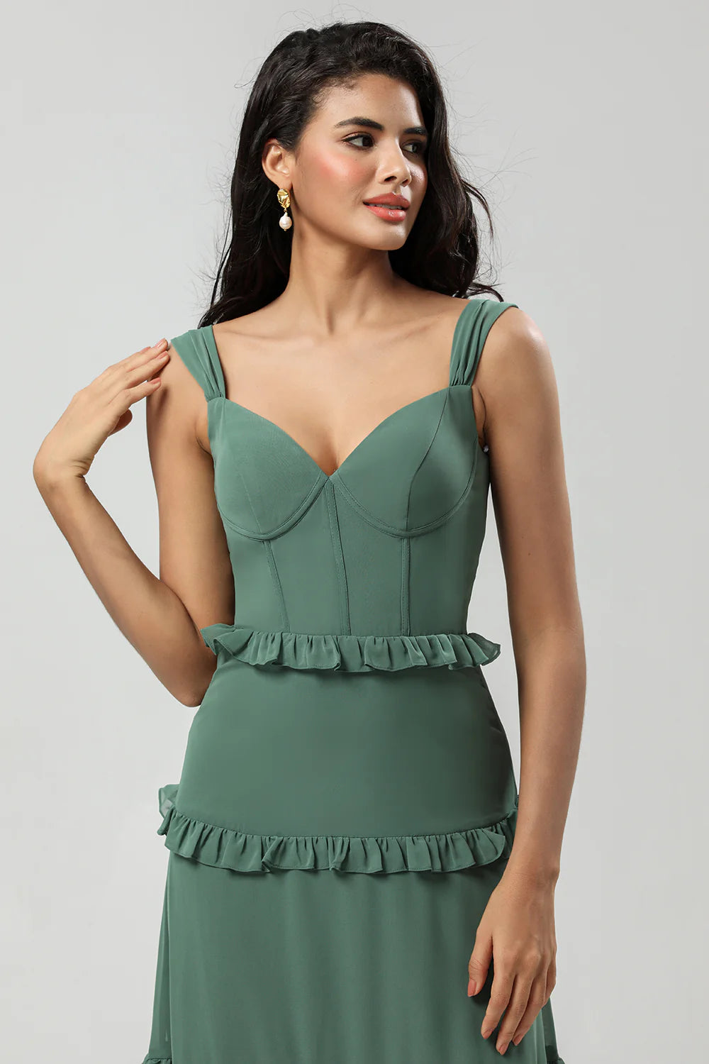Elegant Eucalyptus A Line Spaghetti Straps Chiffon Long Bridesmaid Dress