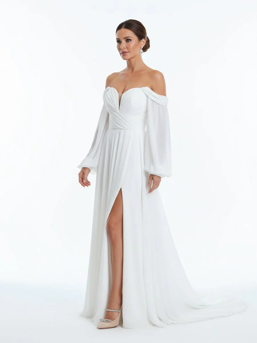 A Line Sweetheart Long Sleeves Chiffon Sweep Train Wedding Dress
