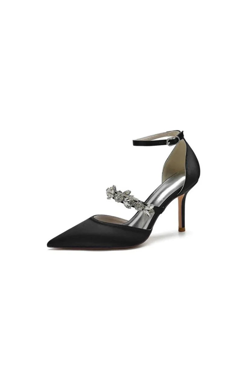 Crystal Strap Pointed Toe Satin High Heels