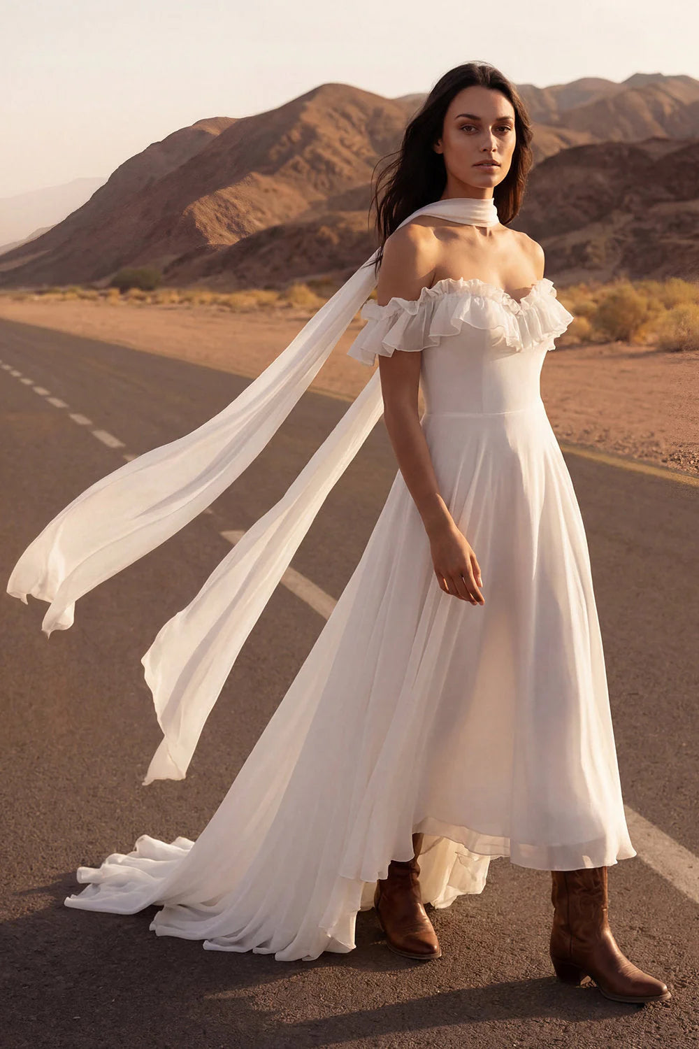 Off the Shoulder Ivory A Line Ruffled High Low Wedding Dress with Sash