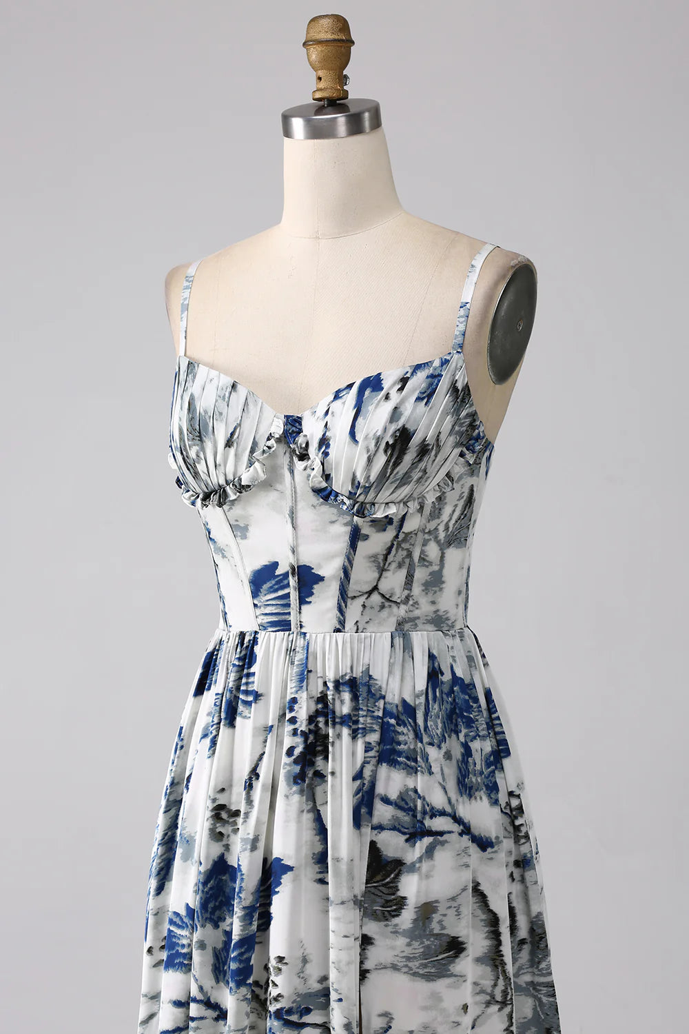 Blue A Line Spaghetti Straps Pleated Printed Long Bridesmaid Dress With Slit