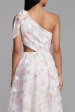 One Shoulder Bowed Cut Out Floral Pink Wedding Guest Dress
