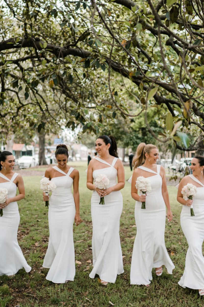 White Bow Back Mermaid Long Bridesmaid Dress
