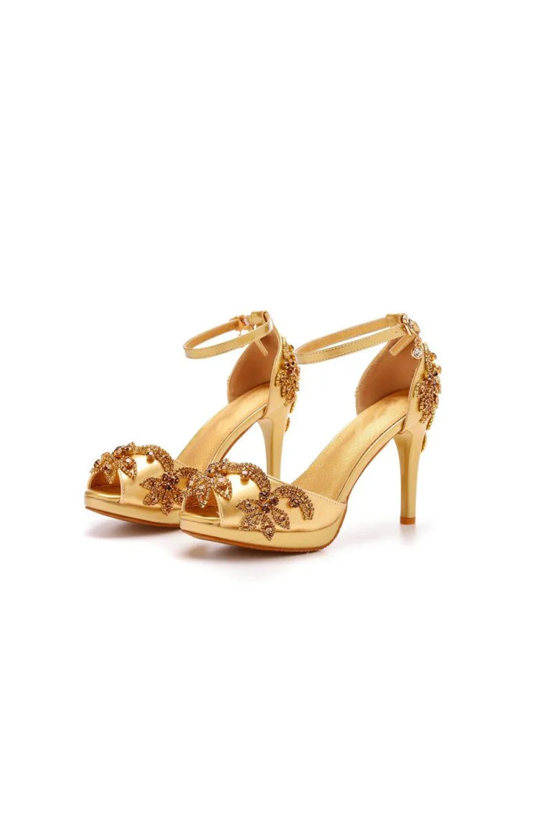 Rhinestone Flowers Decor Peep Toe Platform Stiletto Ankle strap High Heels