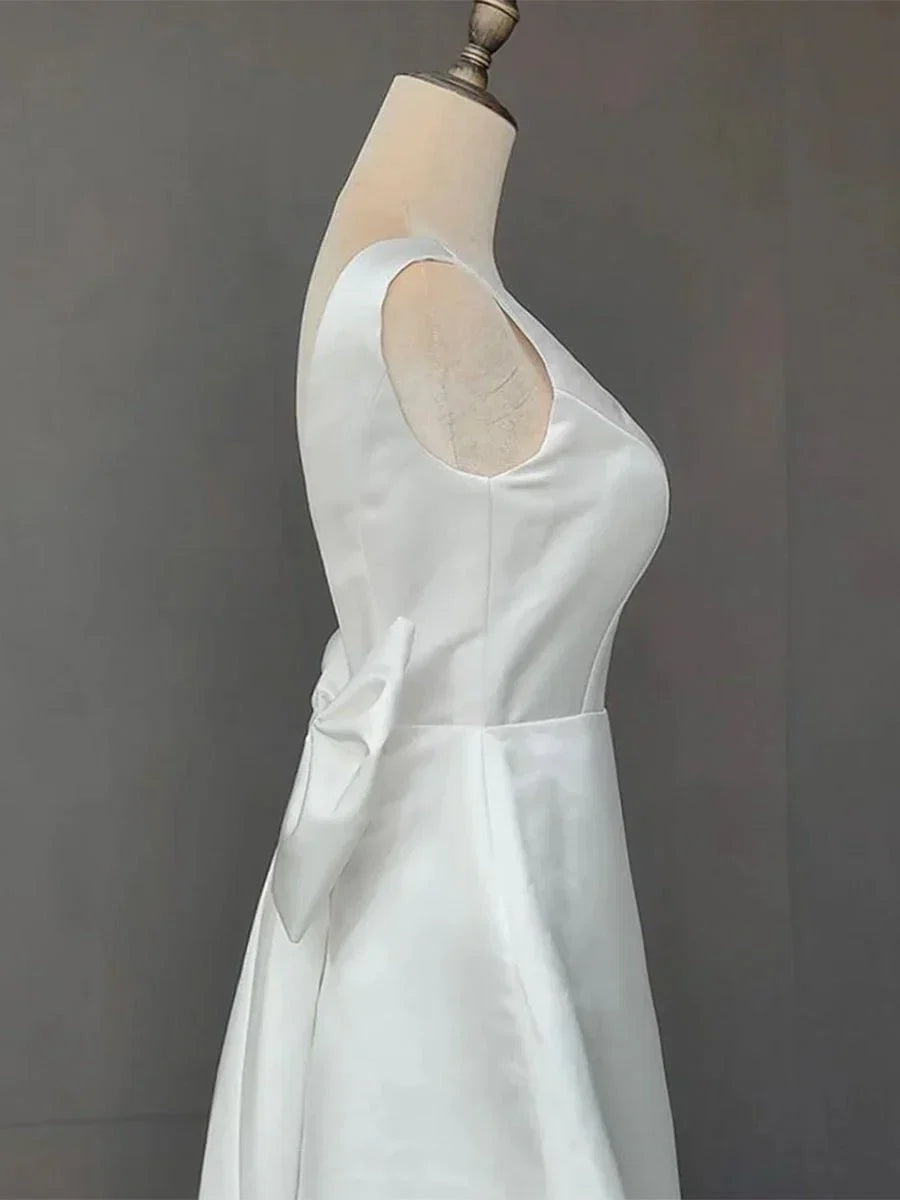 A Line Satin V Neck Short Wedding Dress with Large Bow