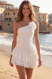 One Shoulder Ivory Ruched Ruffled Short Graduation Dress with 3D Flowers