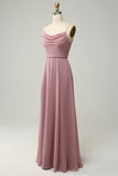Dusty Rose A Line Spaghetti Straps Sleeveless Chiffon Bridesmaid Dress