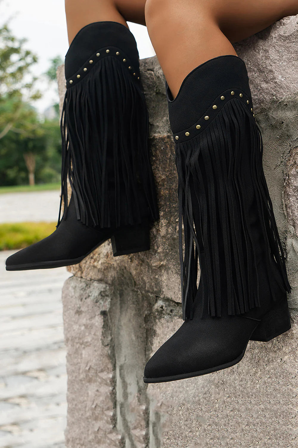Black Fringe Studded Mid Calf Cowboy Boots