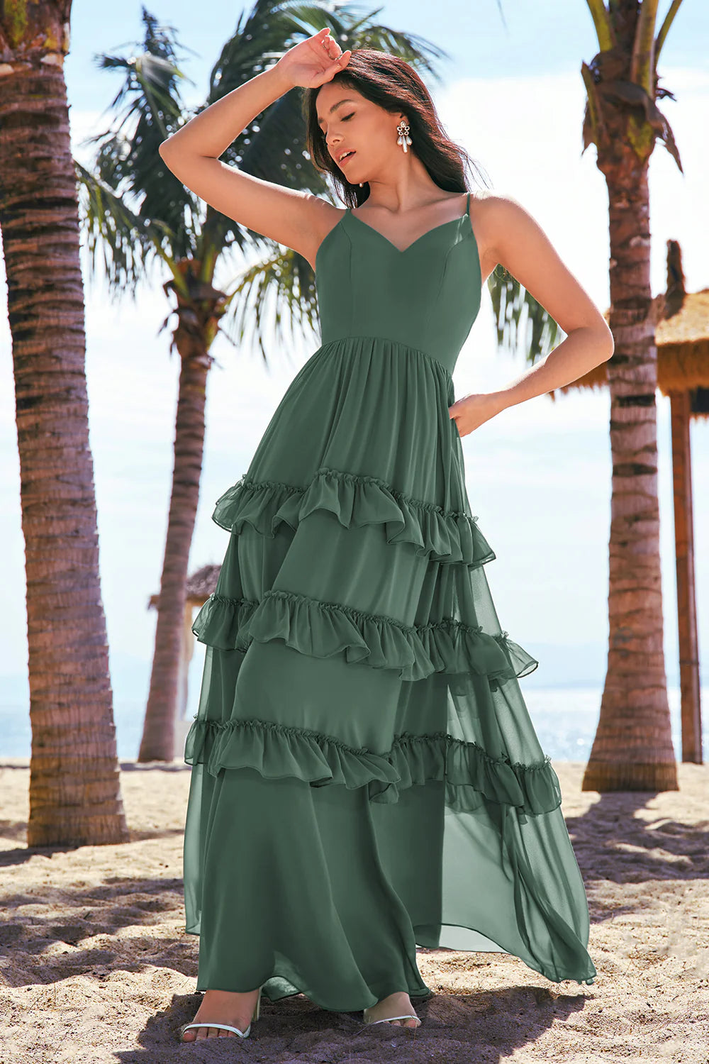 Eucalyptus A Line Spaghetti Straps Tiered Chiffon Long Bridesmaid Dress