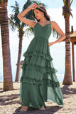 Eucalyptus A Line Spaghetti Straps Tiered Chiffon Long Bridesmaid Dress