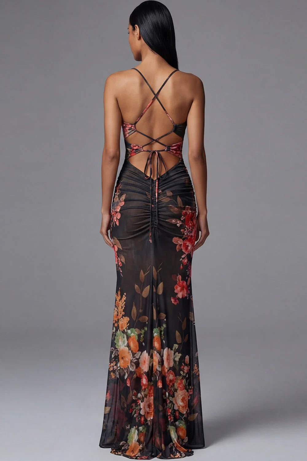 Mermaid Ruched Black Cut Out Floral Formal Dress with Lace up Back