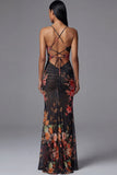 Mermaid Ruched Black Cut Out Floral Formal Dress with Lace up Back