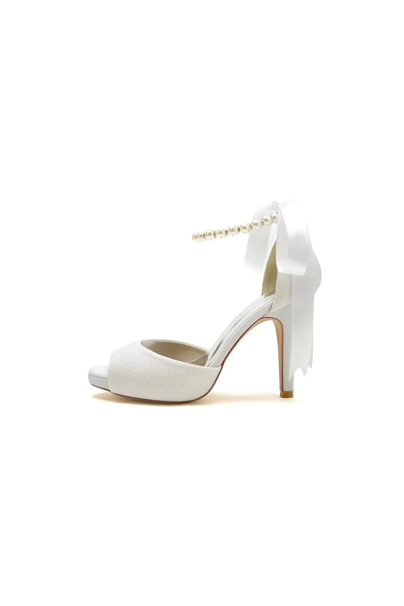 Peep Toe Pearl Strap Ribborn Wedding