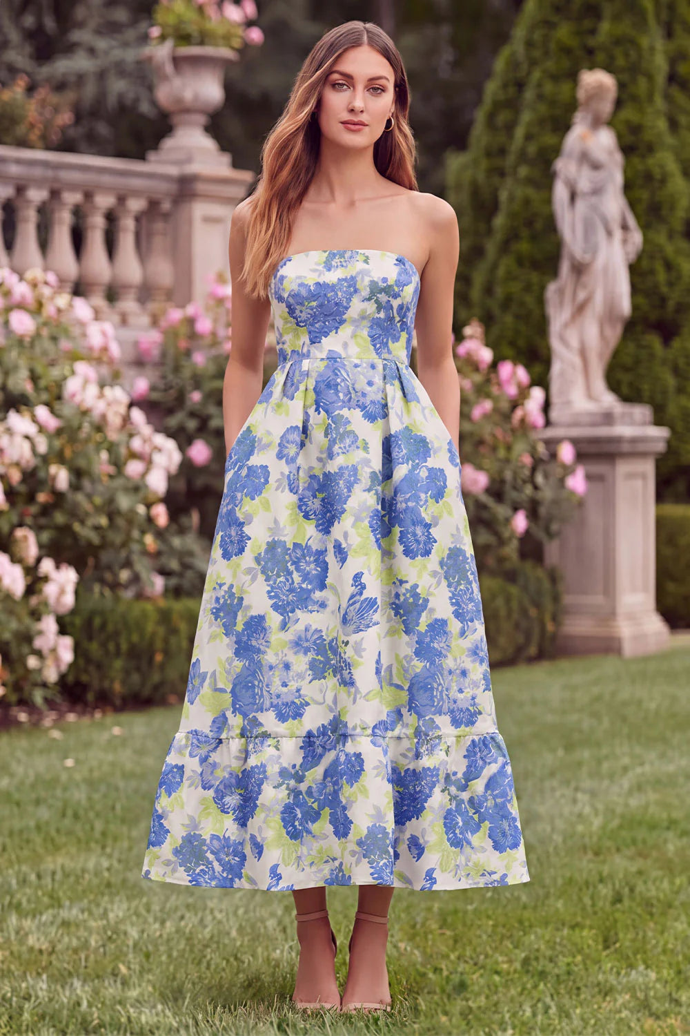 Strapless Blue Floral A Line Wedding Guest Dress with Pockets