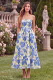 Strapless Blue Floral A Line Wedding Guest Dress with Pockets