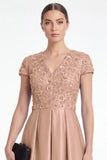Champagne Sequin A Line V Neck Mother of the Bride Dress with Short Sleeevs