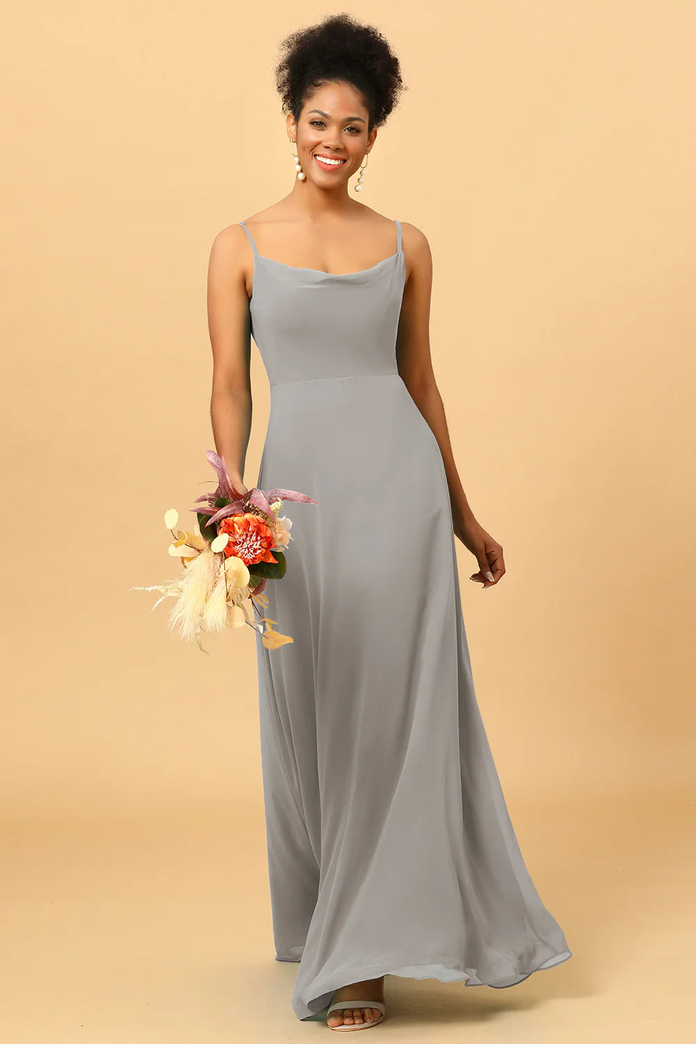 Sheath Spaghetti Straps Long Chiffon Bridesmaid Dress