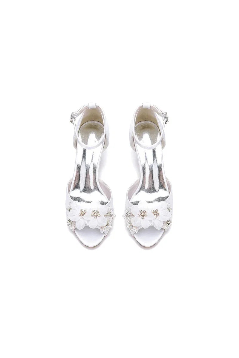 Peep Toe Rhinestone Chunky Heel Pumps with Flower