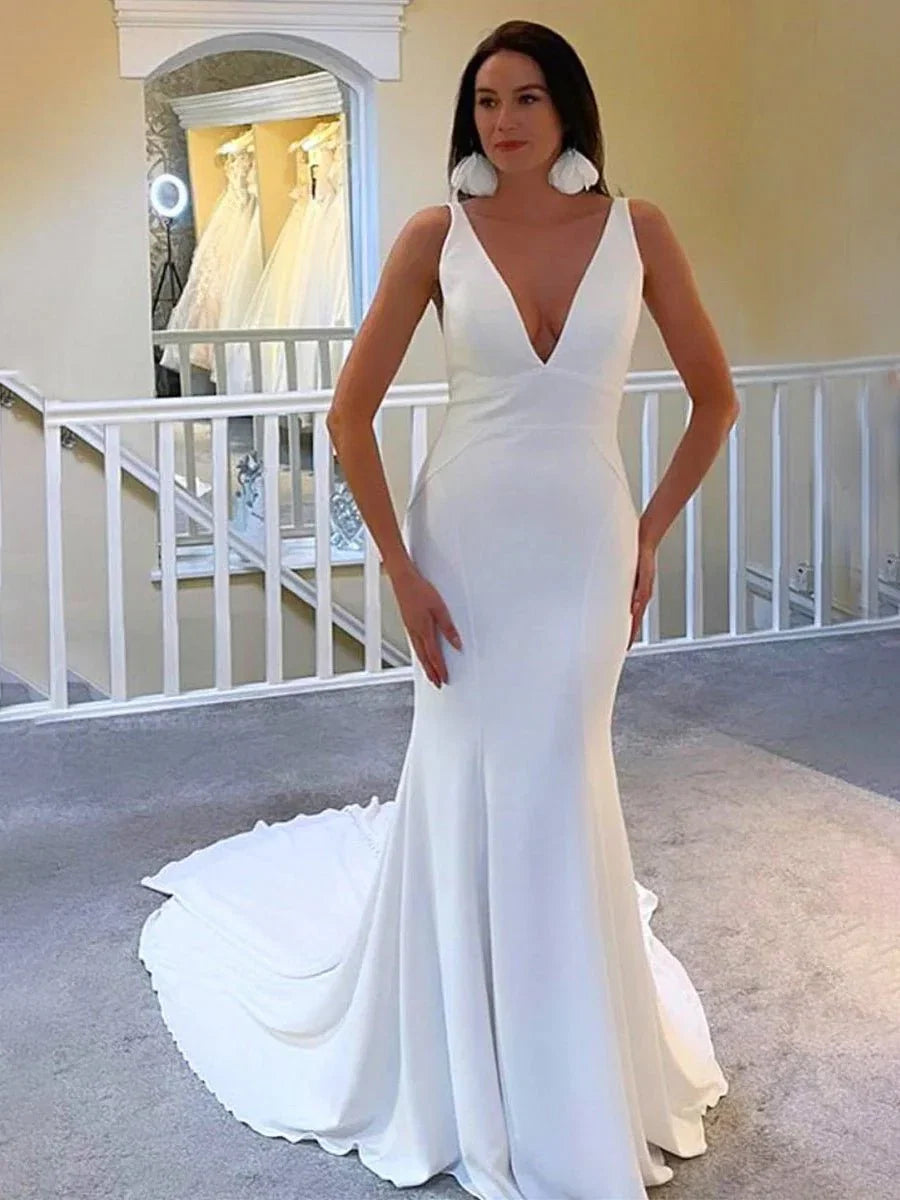 Ivory Plunge V Open Back Mermaid Long Wedding Dress
