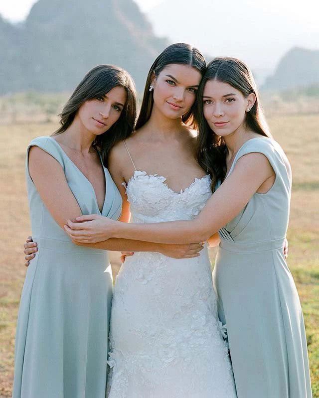 Simple A Line Chiffon V Neck Blue Sleeveless Long Bridesmaid Dresses