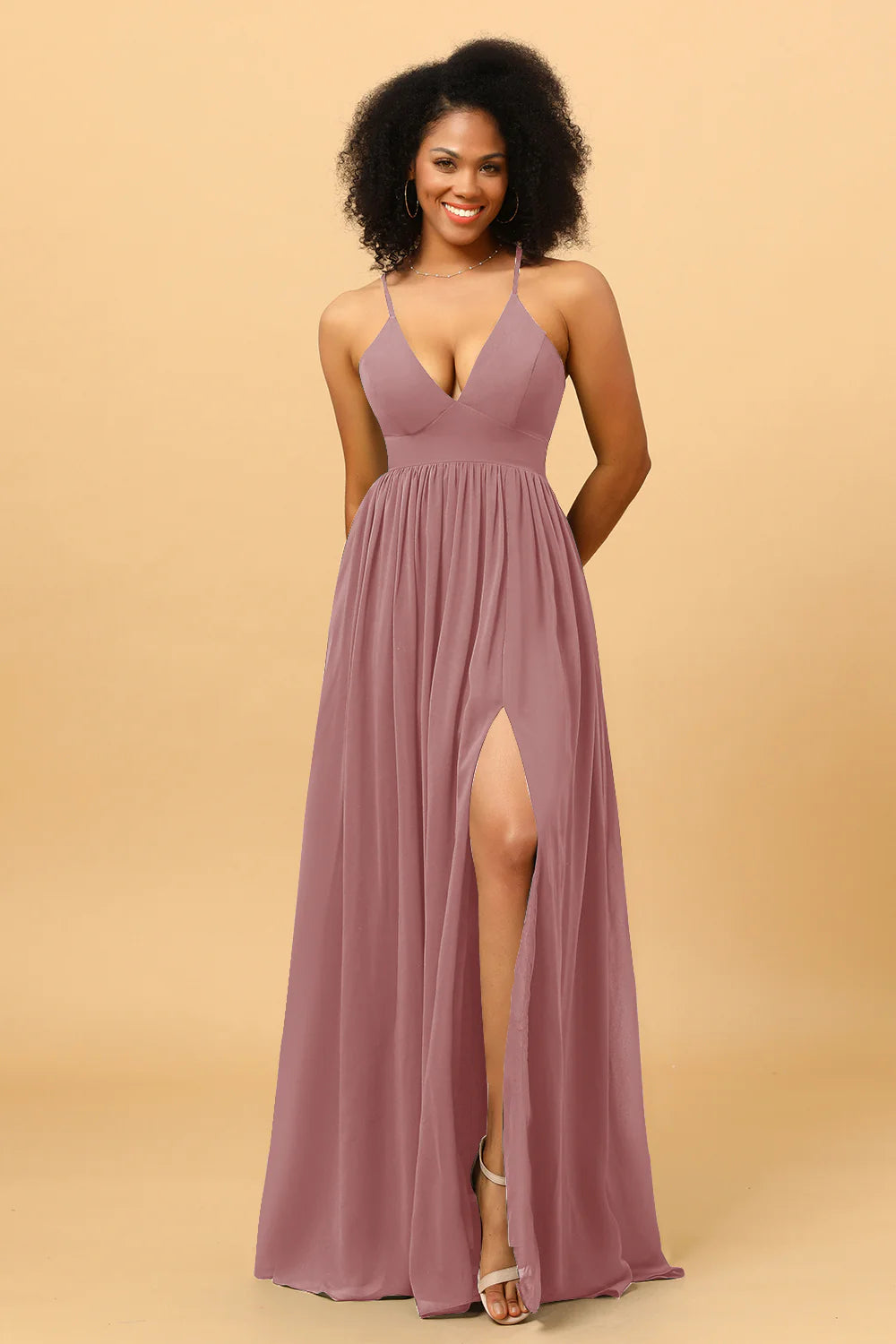 A Line V Neck Spaghetti Straps Chiffon Bridesmaid Dress with Slit
