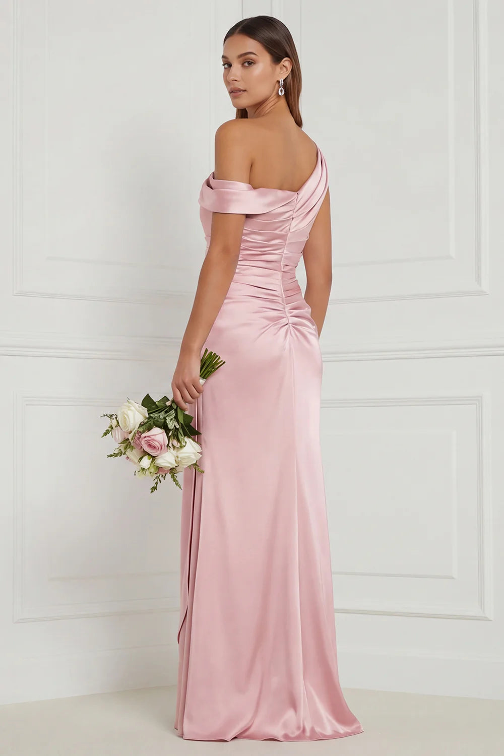 Burnt Orange Asymmetrical Neck Mermaid Ruched Satin Bridesmaid Dress