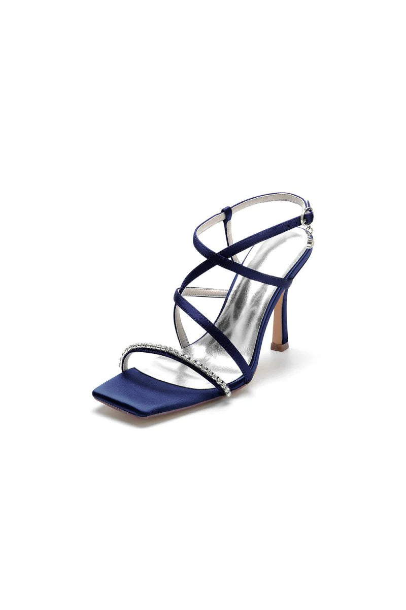 Square Open Toe Crystal Cross Straps Chunky Heels