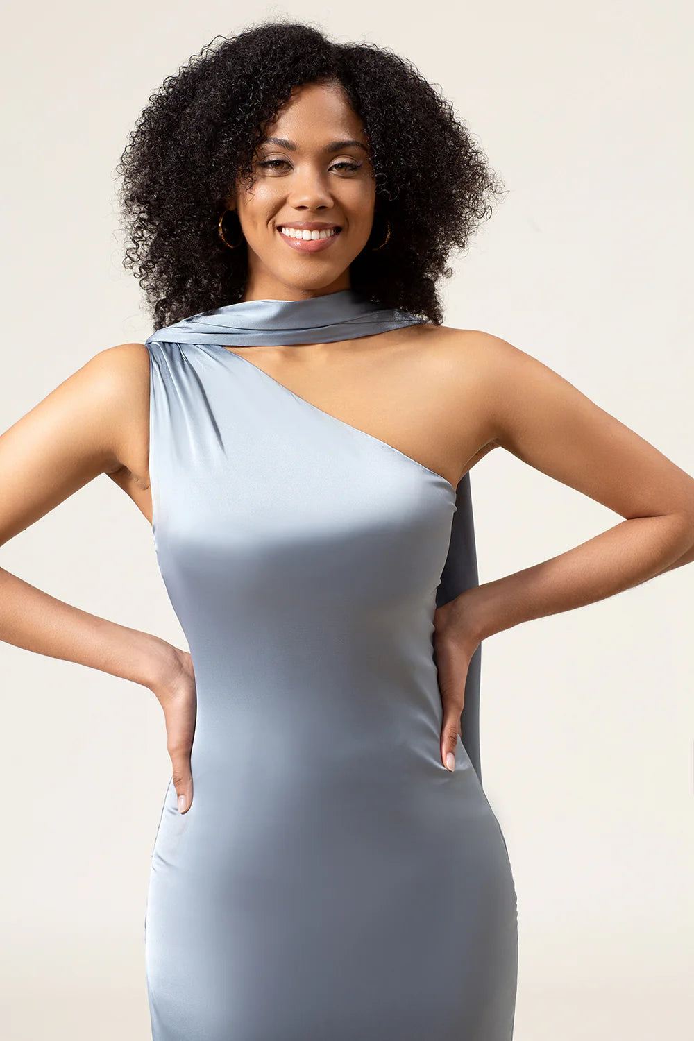 Dusty Blue Sheath One Shoulder Long Satin Bridesmaid Dress