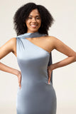 Dusty Blue Sheath One Shoulder Long Satin Bridesmaid Dress