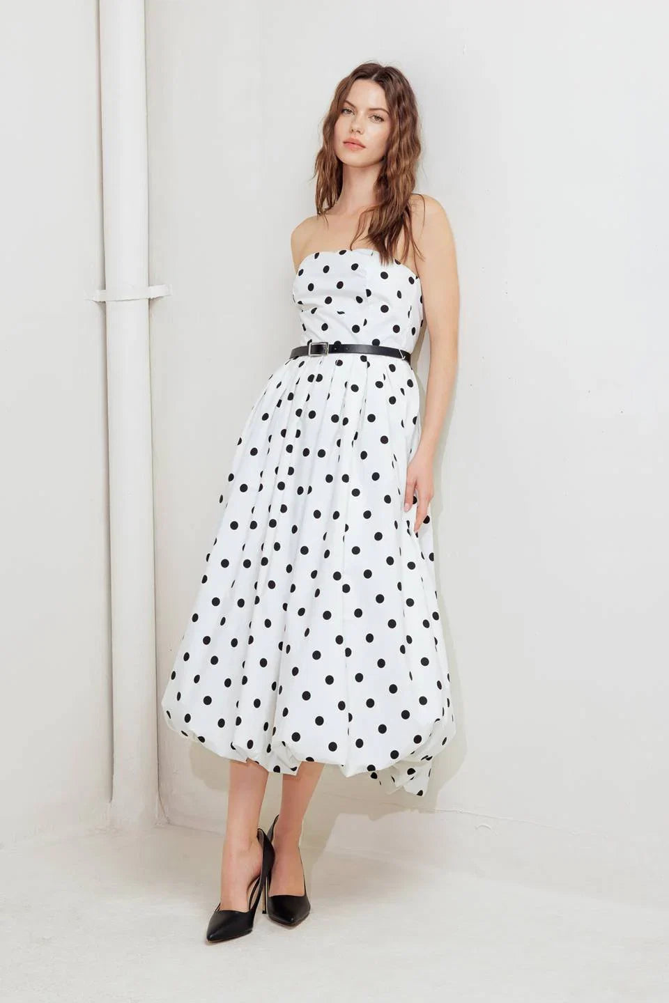 WHITE BLACK POLKA DOT BUBBLE HEM MIDI DRESS