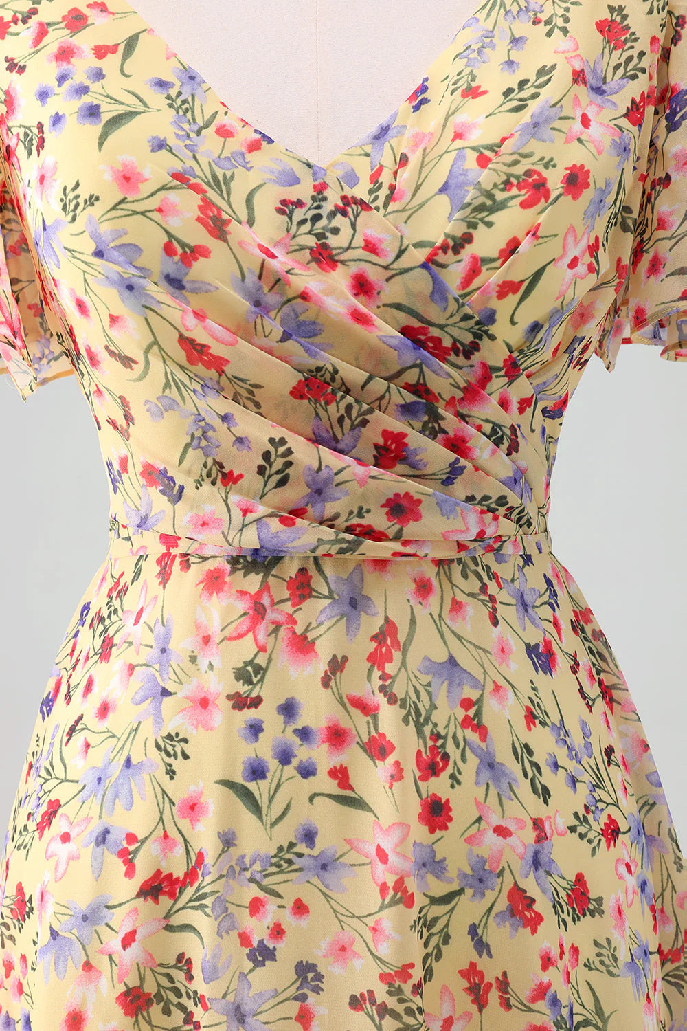 Yellow Flower Printed A Line Chiffon V Neck Bridesmaid Dress with Short Sleeves