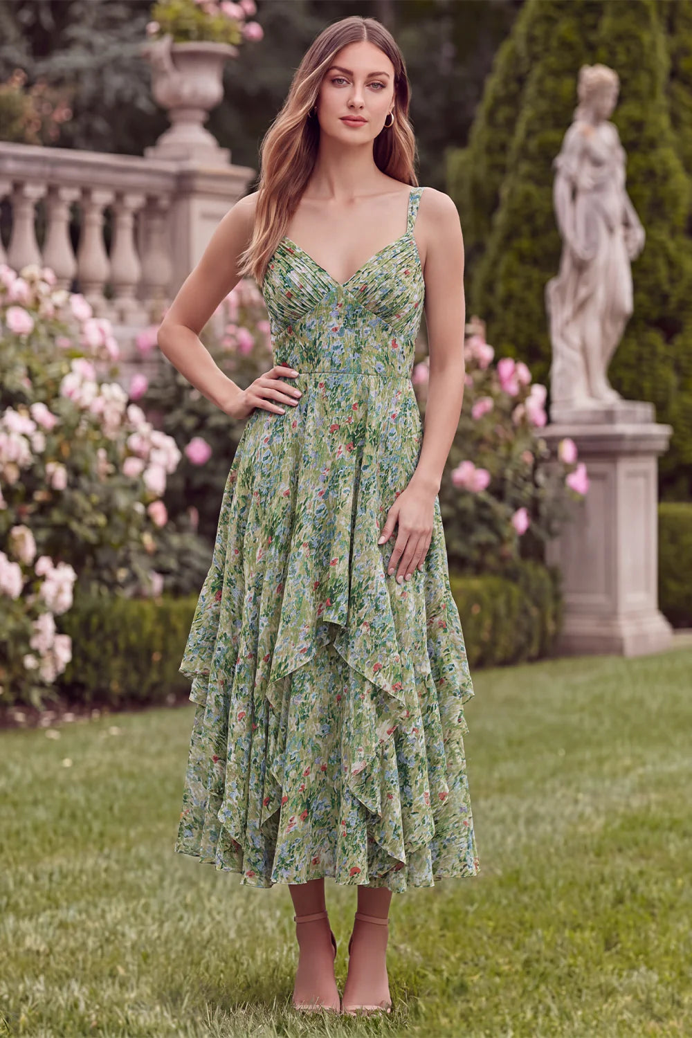 Floral Printed Sage A Line Ruffled Midi Wedding Guest Dress