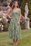 Floral Printed Sage A Line Ruffled Midi Wedding Guest Dress