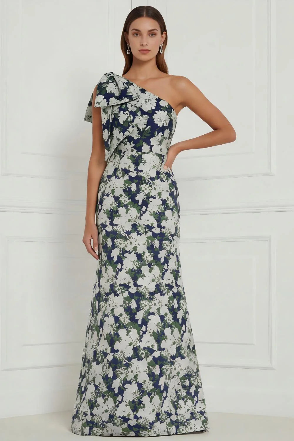 Blue White Flower Mermaid One Shoulder Print Long Bridesmaid Dress with Bow