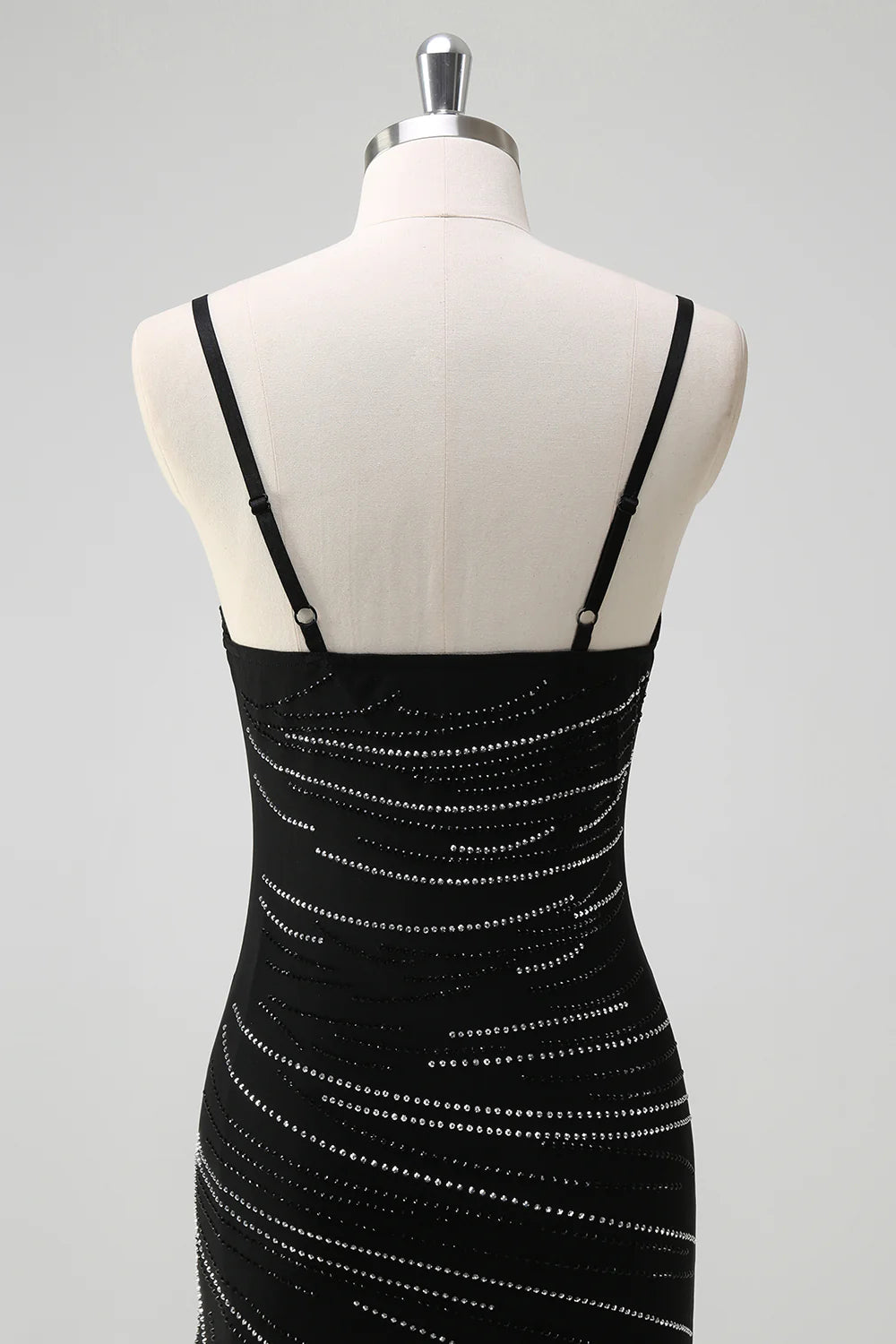 Glitter Mermaid Spaghetti Straps Beaded Long Black Prom Dress with Slit
