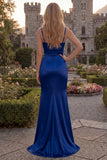 Navy Mermaid Satin Cowl Neck Maxi Prom Dress with Slit