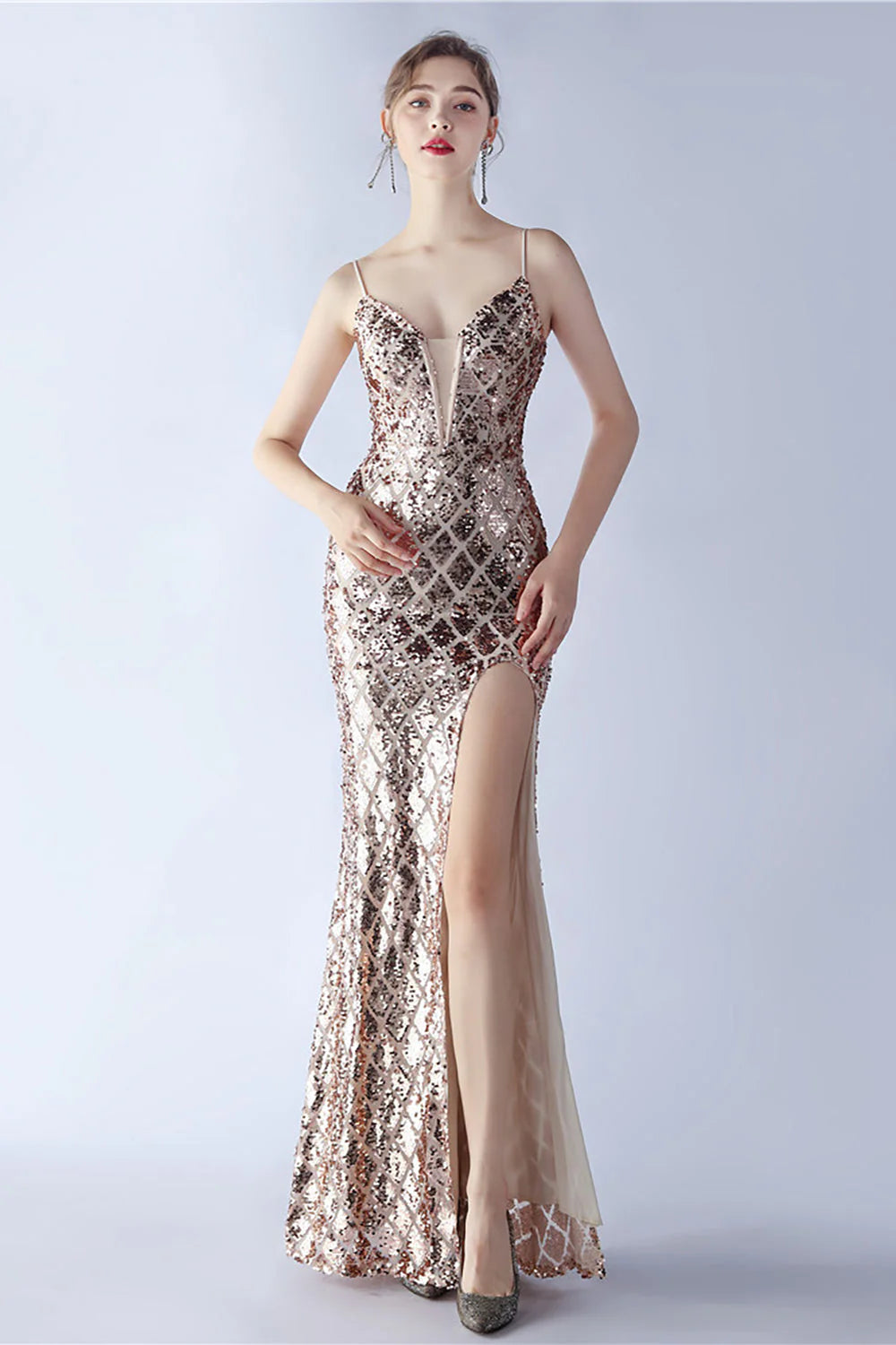 Burgundy Sheath Spaghetti Straps V neck Sequin Formal Dress with Slit
