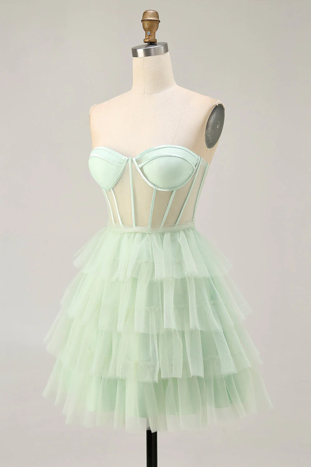 Light Green A Line Strapless Sheer Corset Tiered Short Homecoming Dress