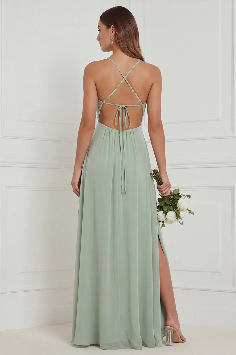 Sage Ruffle A Line Bridesmaid Dress with Slit
