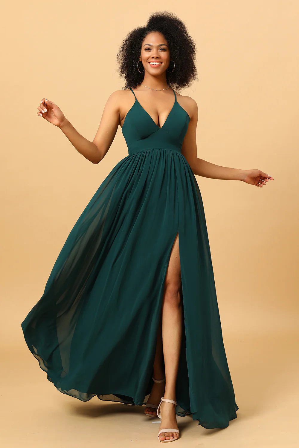 Pine A Line Lace Up Back Chiffon Bridesmaid Dress with Slit